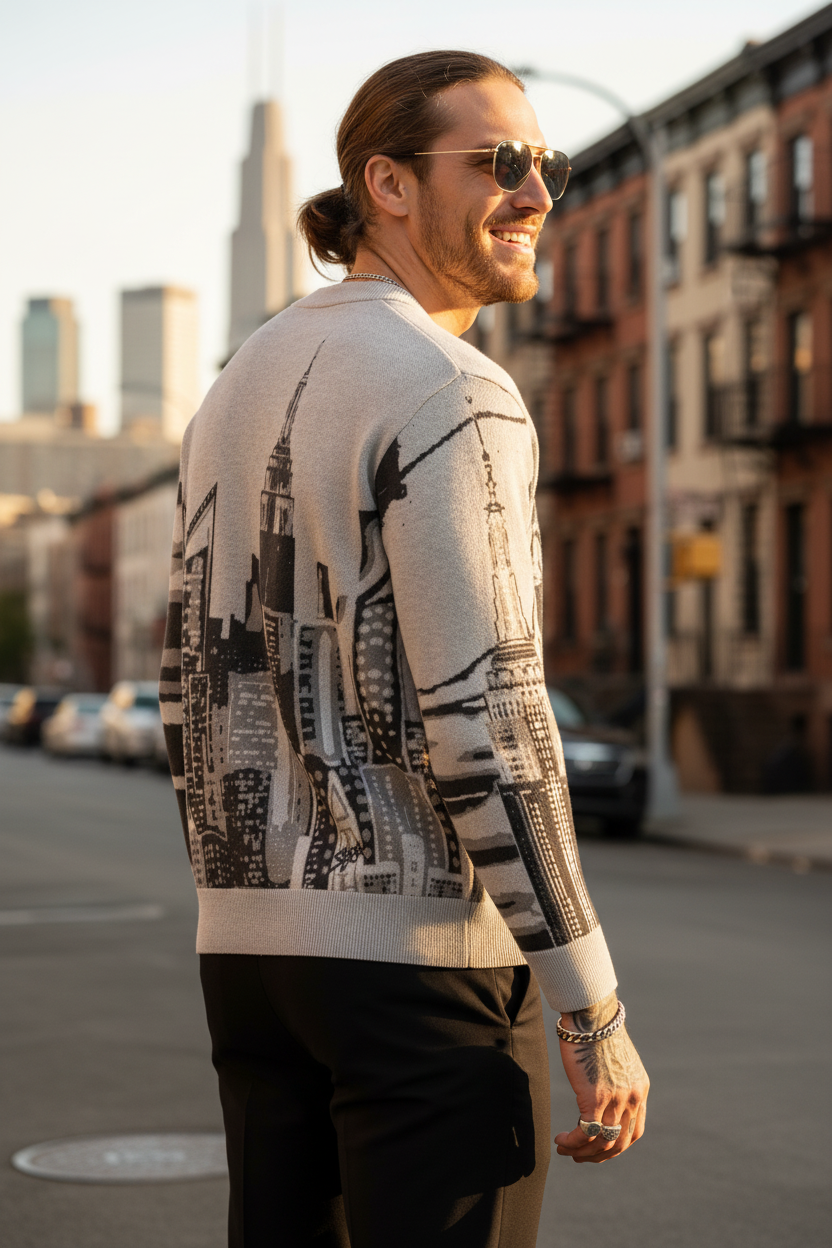 Man wearing a  Loria NYC Art sweater standing on a street with buildings in the background