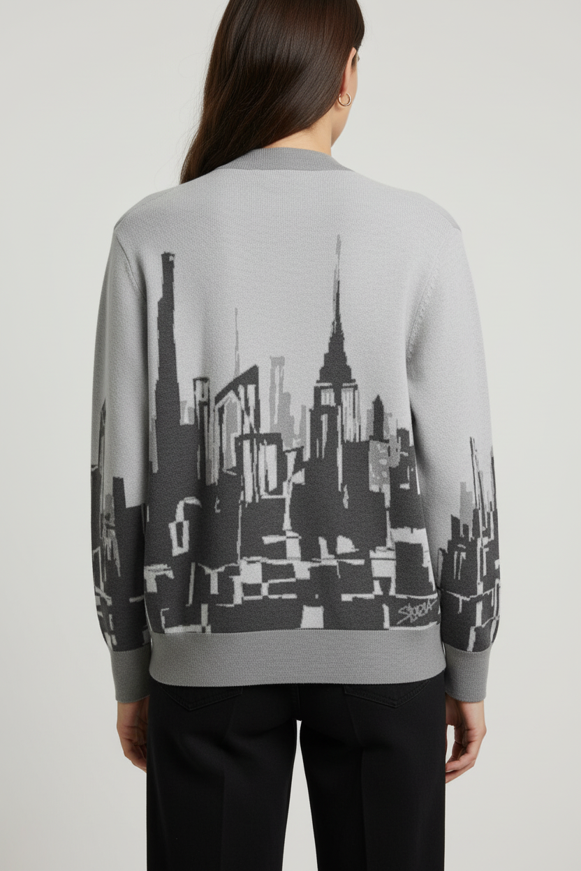 Person wearing a sweater with a cityscape Loria NYC Art design on a plain background
