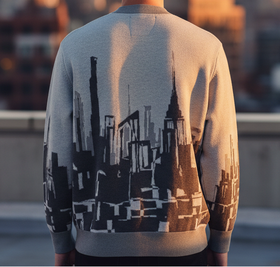 Person wearing a sweater with a cityscape Loria NYC Art design, standing on a rooftop with a city skyline in the background.
