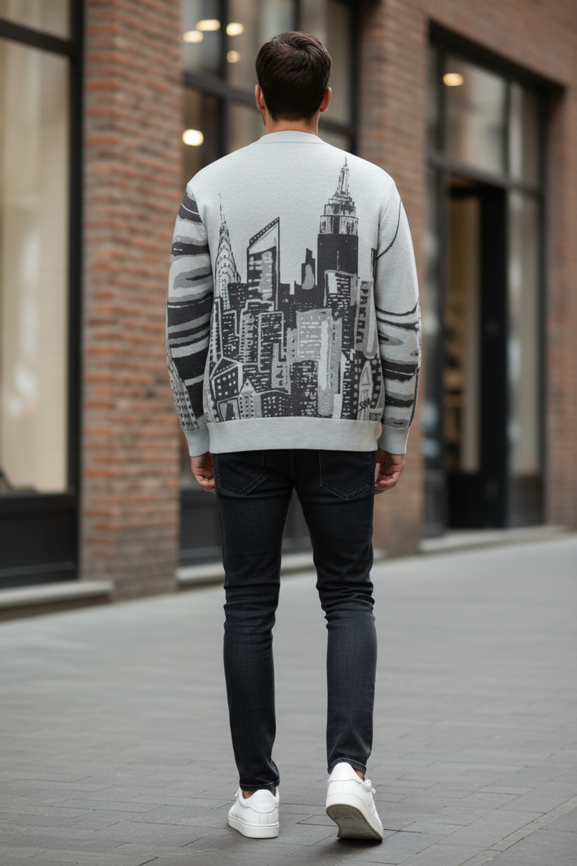 Man wearing a sweater with a Loria NYC Art cityscape design walking on a sidewalk.