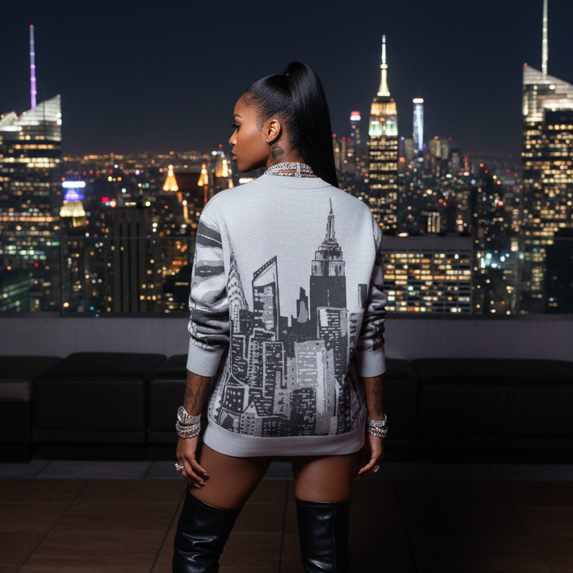 Woman wearing a cityscape Loria NYC Art sweater with a nighttime city skyline in the background