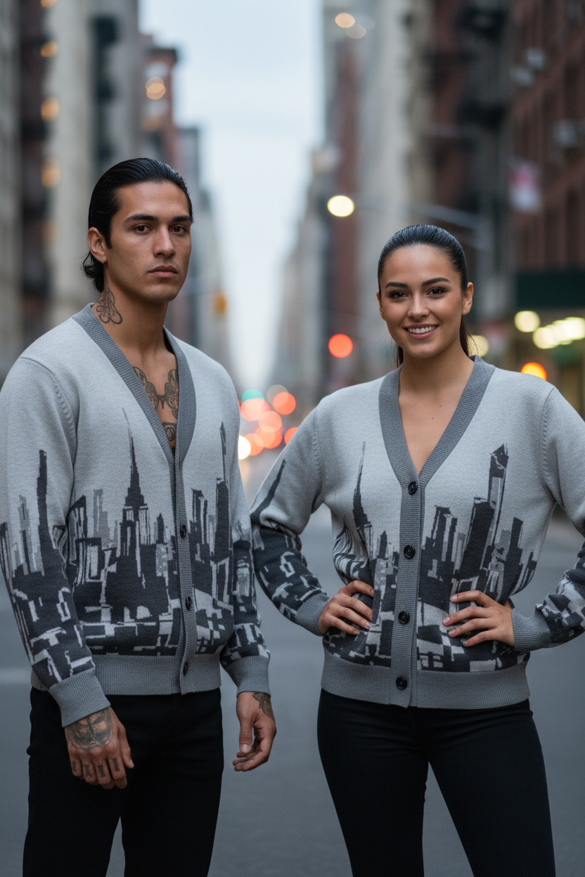 People  in matching grey Loria NYC Art designed cardigan sweaters in an urban setting.