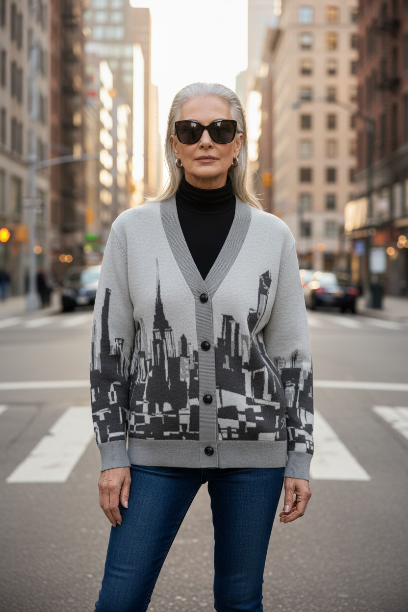 Person wearing a Loria NYC Art cardigan on a city street