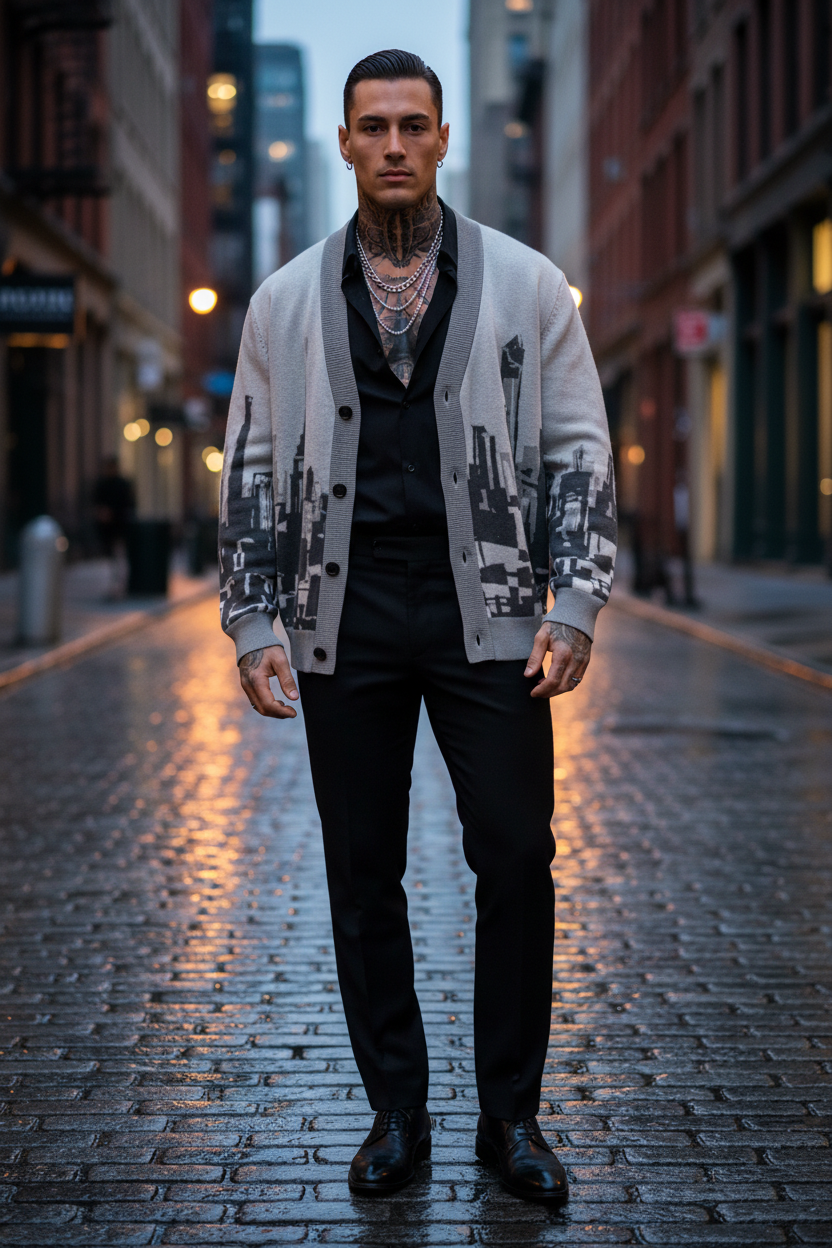 Man standing on a city street wearing a patterned Loria NYC Art cardigan and dark pants.