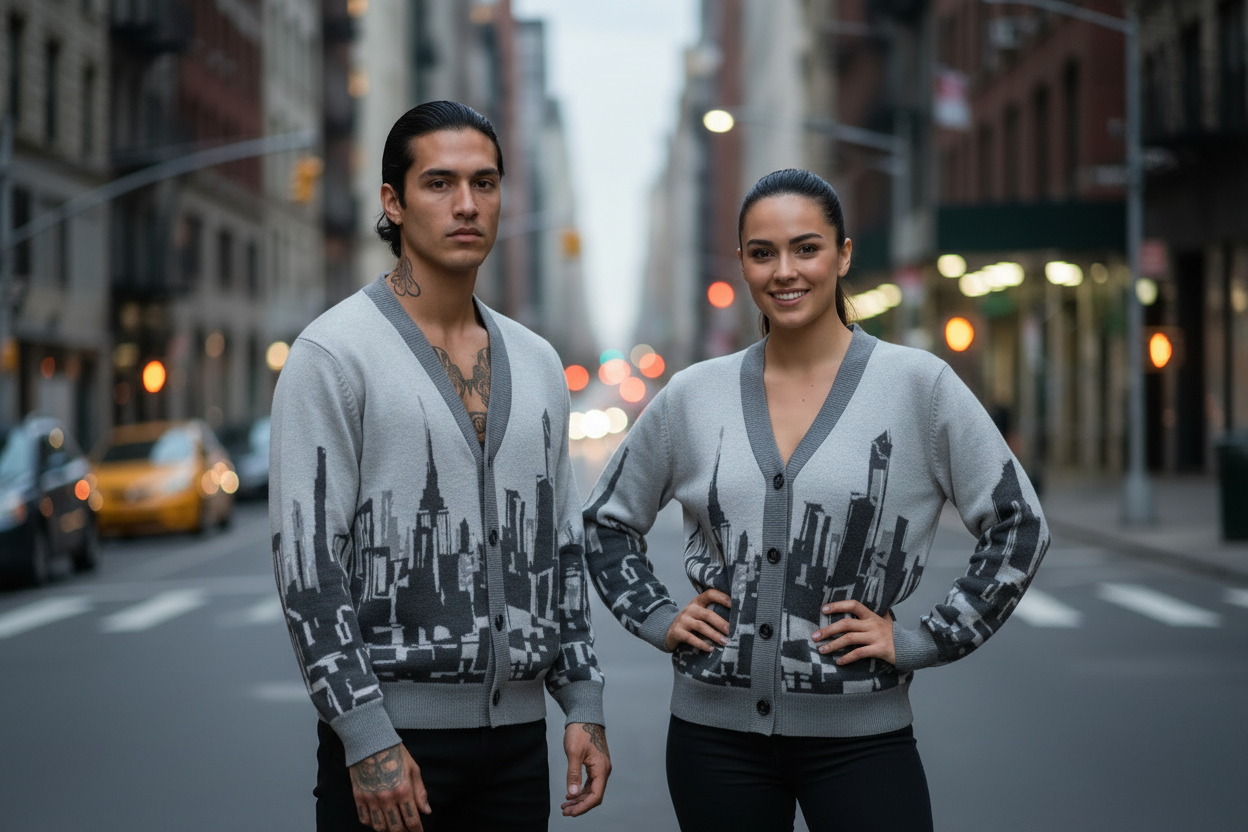 Two models wearing matching Loria NYC Art gray knit cardigans with a black and white New York City skyline graphic print, standing on a city street.