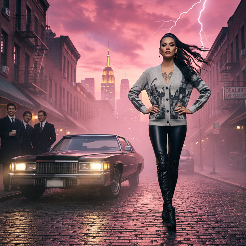 Woman wearing Loria NYC Art cardigan confidently on a city street with a vintage car and tall building in the background