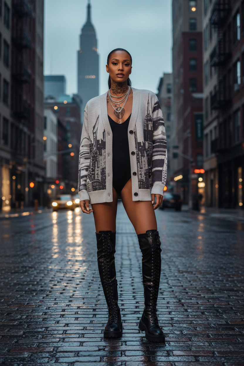 Person wearing Loria NYC Art cardigan standing on a city street with a city skyline in the background