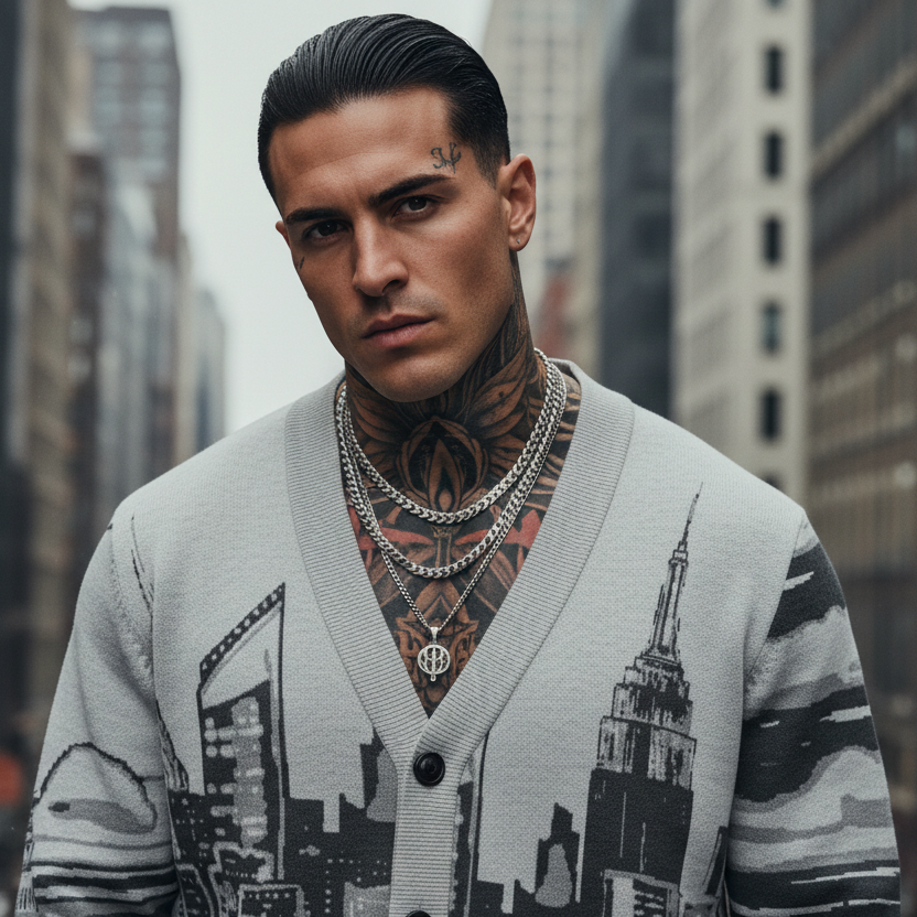 Man wearing a sweater with a Loria NYC Art cityscape design in an urban setting