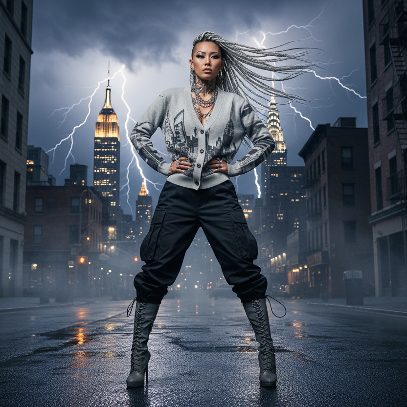 Person wearing a Loria NYC Art cardigan in urban setting with lightning and cityscape