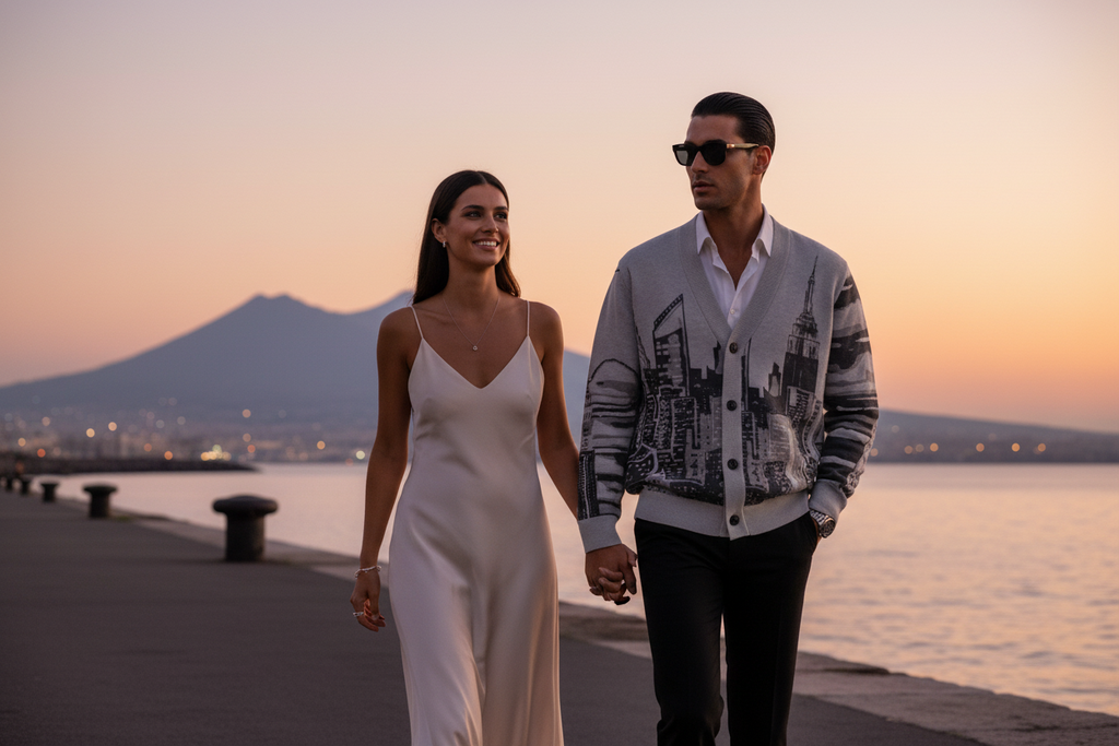 Man wearing a grey Loria NYC Art cardigan  walking along a waterfront promenade with Mount Vesuvius in the background during sunset.