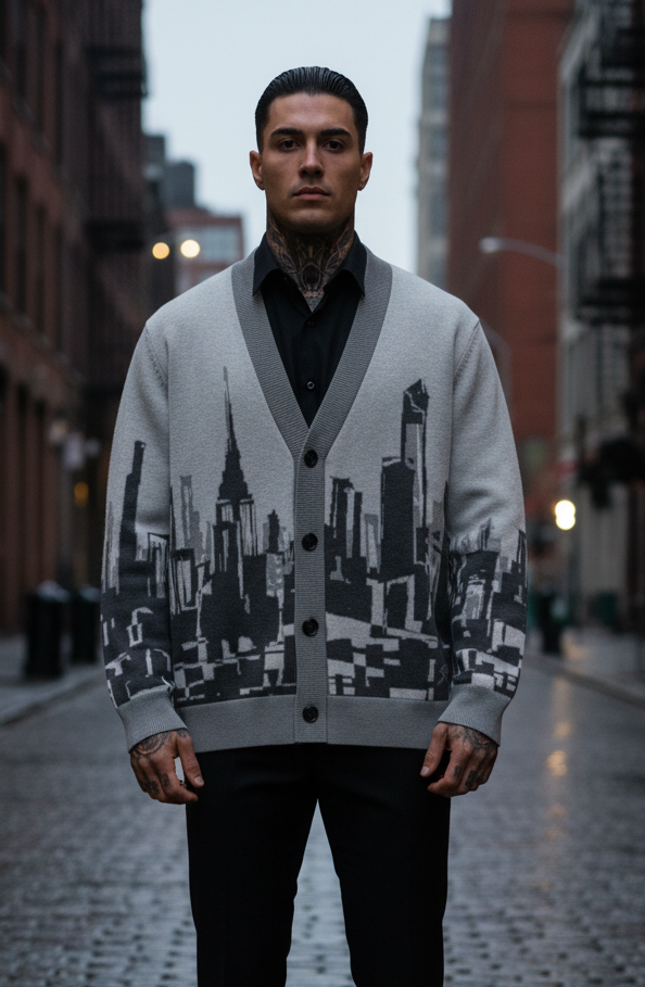 Man wearing a cityscape Loria NYC Art cardigan on a city street