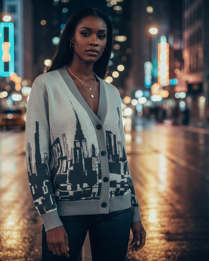 Woman standing on a city street at night wearing a Loria NYC Art cardigan with llights in the background
