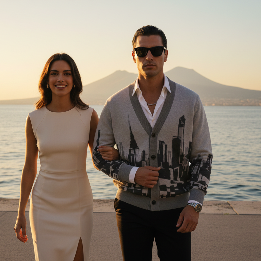 Man wearing a Loria NYC Art cardigan with a woman standing by a waterfront with mountains in the background 
