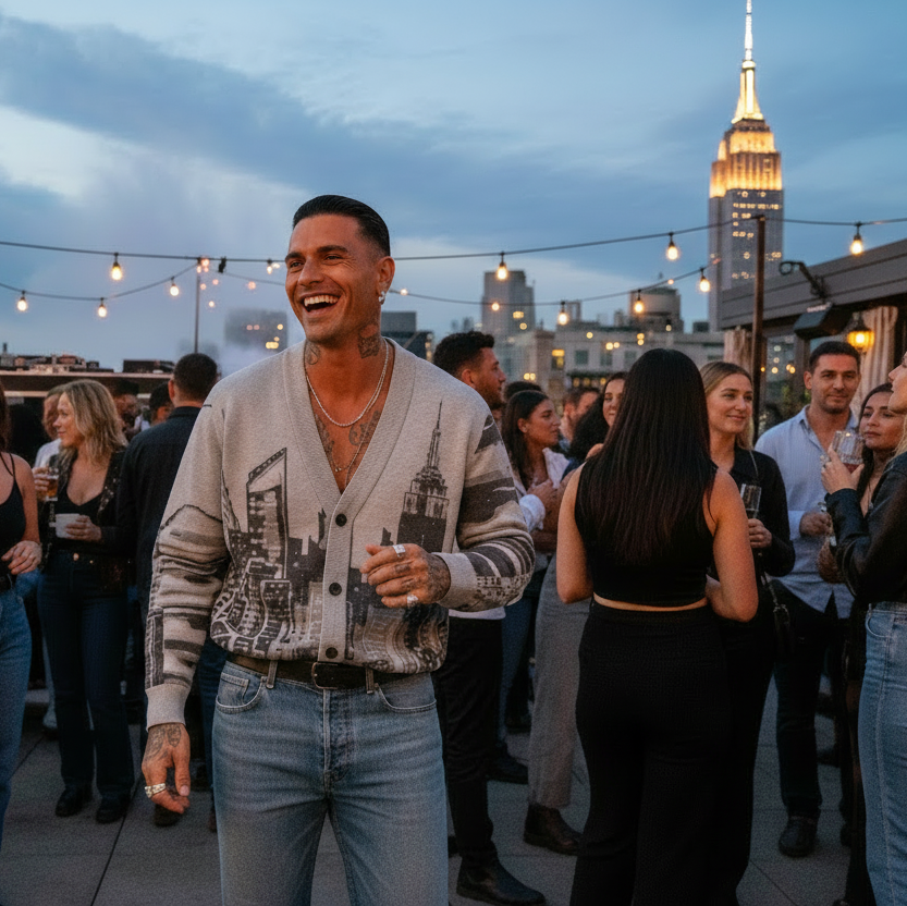 Man standing on a rooftop wearing a Loria NYC Art  city skyline cardigan sweater.