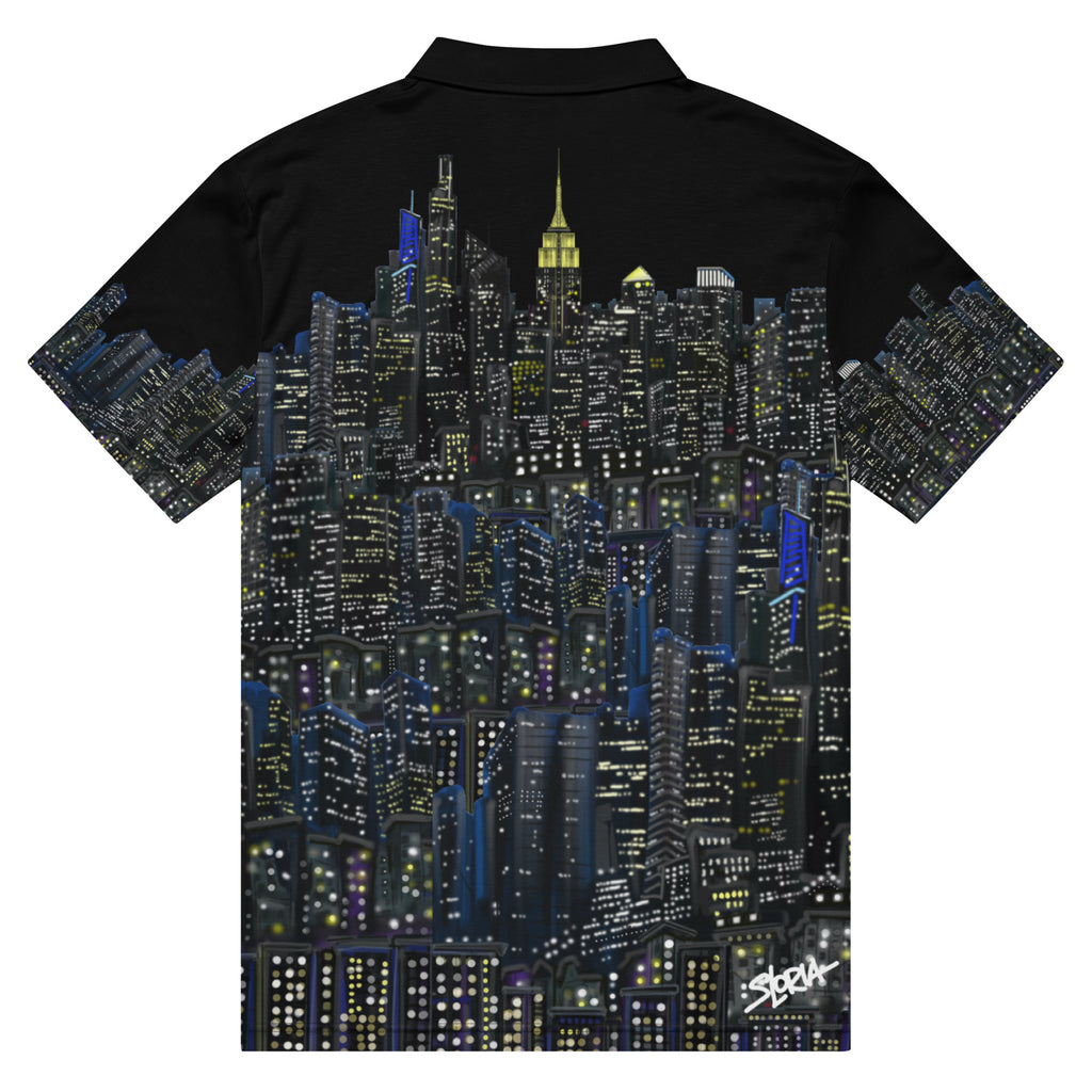 Back view of Black polo shirt with New York cityscape design by Loria NYC Art on a white background