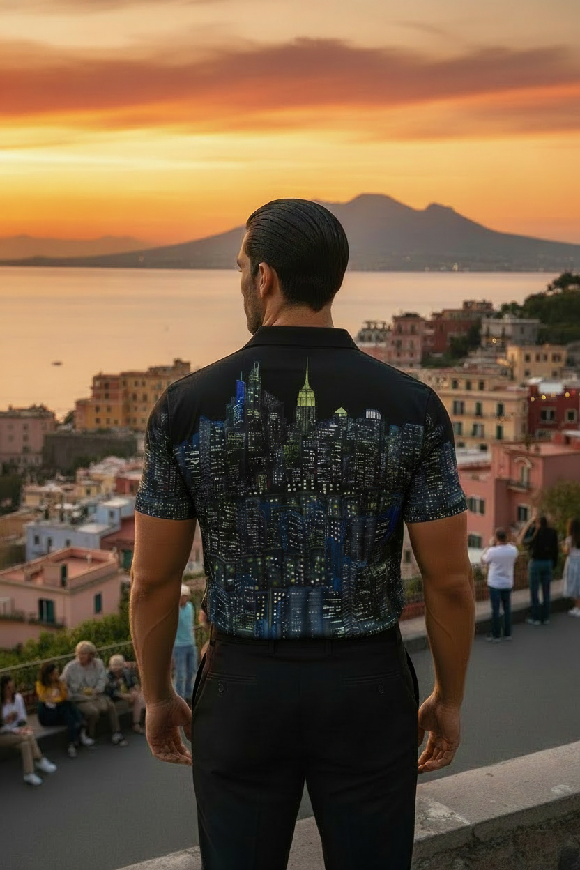 Man looking at a sunset wearing a black Loria NYC Art polo shirt.