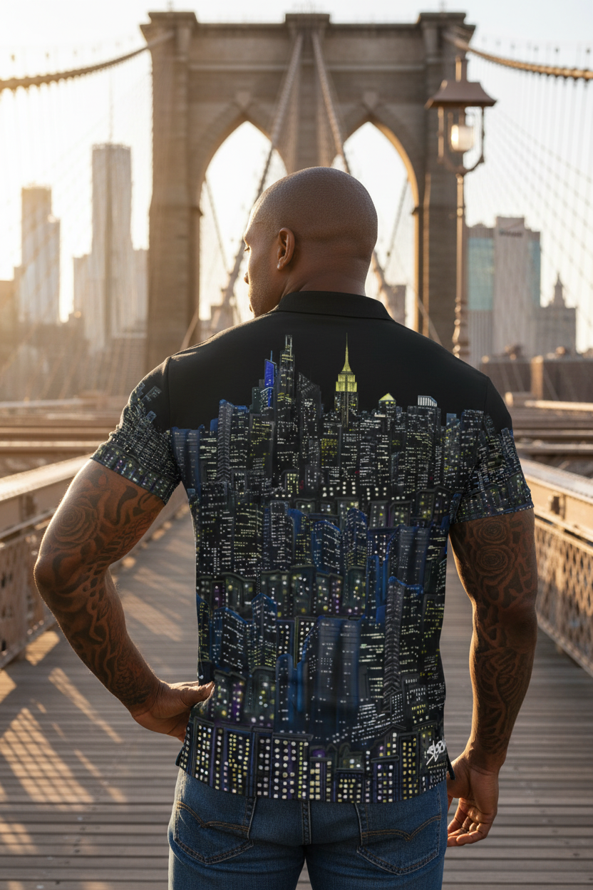 Man on Brooklyn bridge posing in a Loria NYC Art shirt.