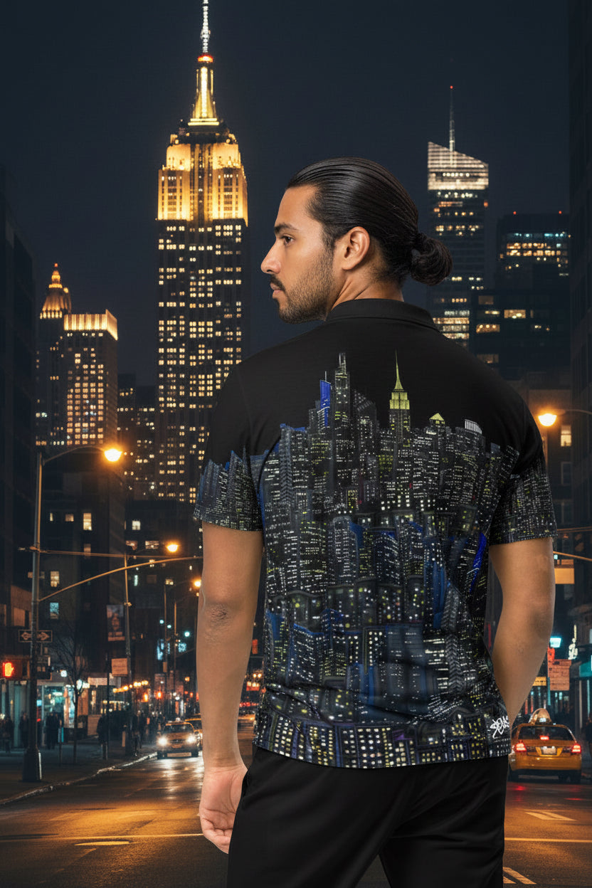 Back of Man modeling a Black polo shirt with New York cityscape design by Loria NYC Art on the same background