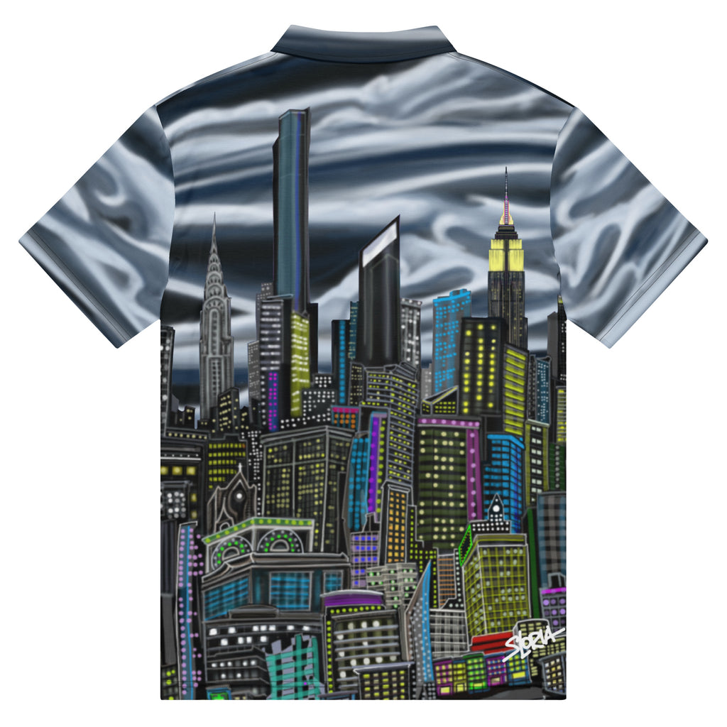 Polo shirt with a Loria NYC Art cityscape design on the back