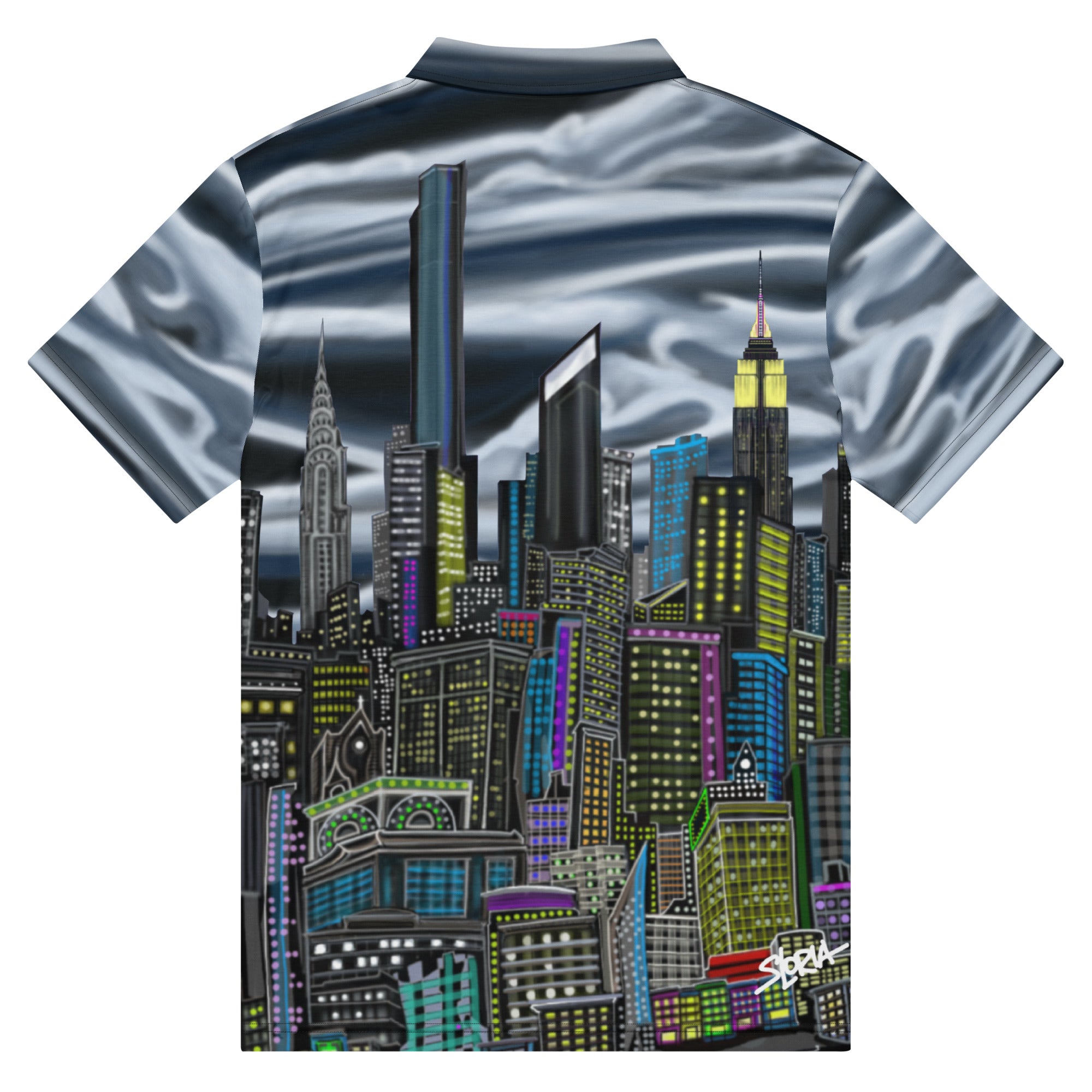 Polo shirt with a Loria NYC Art cityscape design on the back