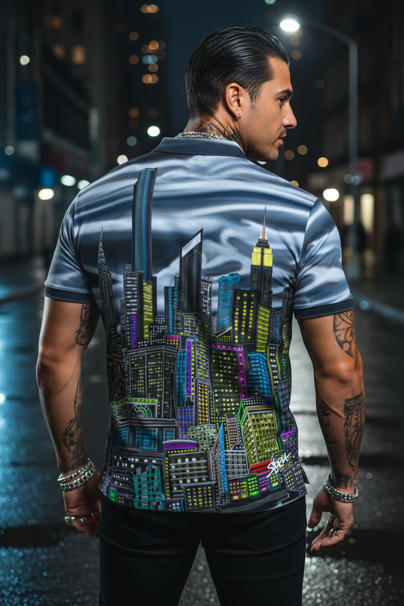 Man wearing a shirt with a Loria NYC Art cityscape design on a street at night.