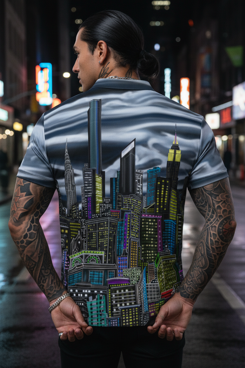 Person wearing a shirt with a Loria NYC Art cityscape design on a street at night.