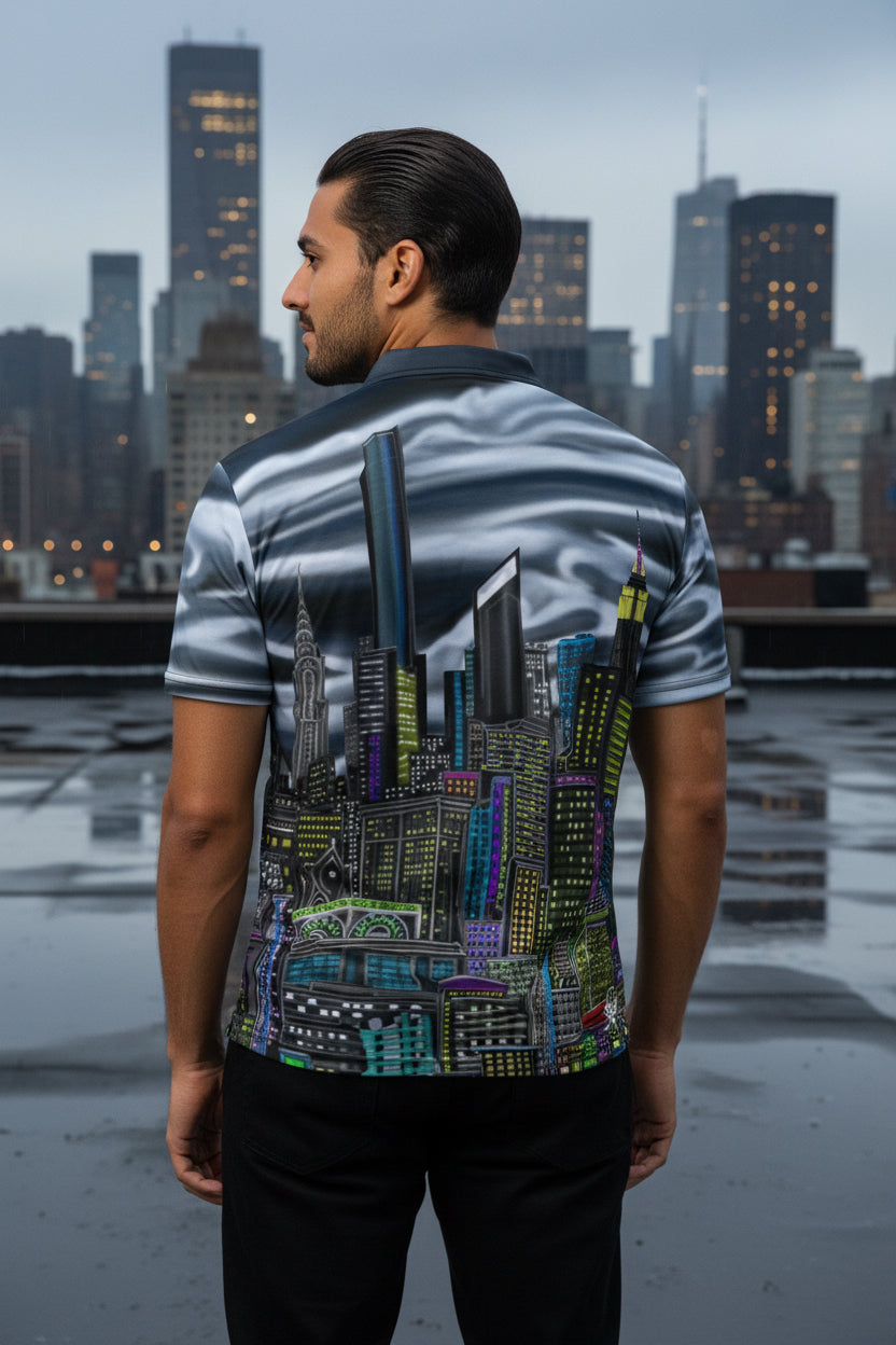 Man wearing a shirt with a Loria NYC Art cityscape design on a white background