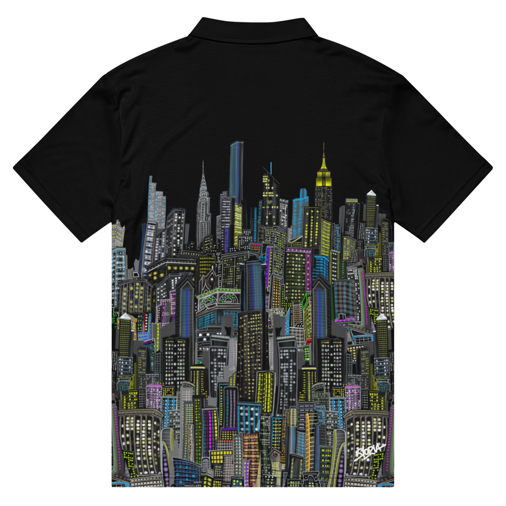 Black polo shirt with a colorful Loria NYC Art cityscape design on the back against a white background