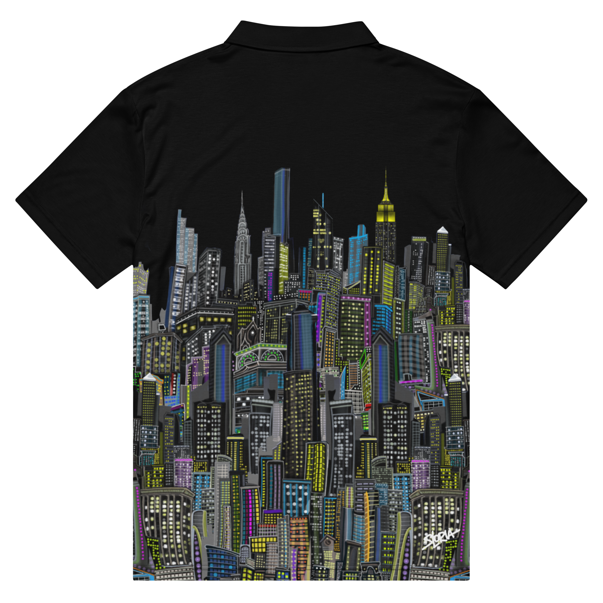 Black polo shirt with a colorful Loria NYC Art cityscape design on the back against a white background
