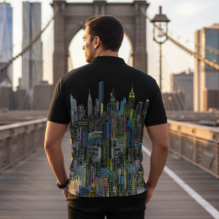 Man wearing a black t-shirt with a colorful cityscape Loria NYC Art design on a bridge with a city skyline in the background.