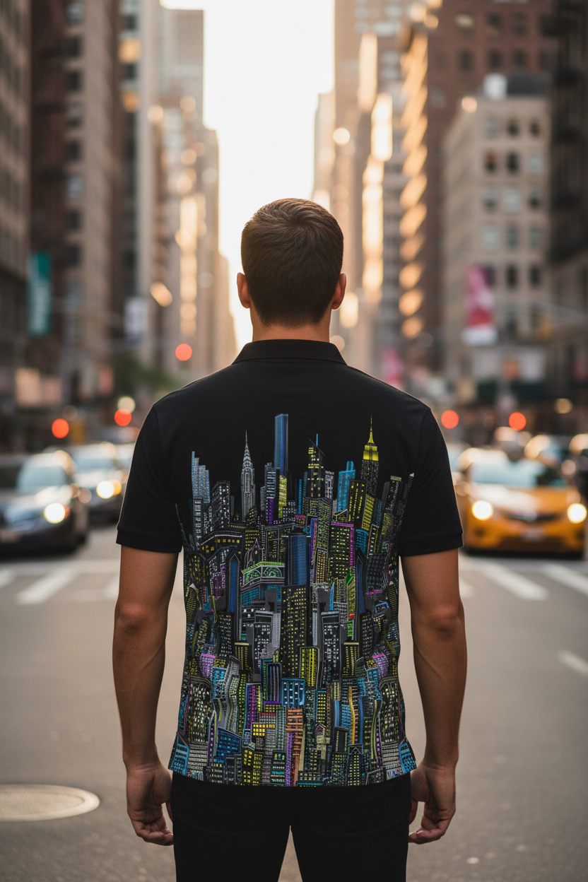 Person wearing a black shirt with a colorful cityscape Loria NYC Art design on a city street.