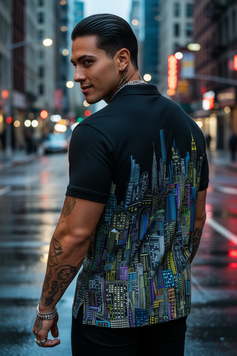 Man wearing a black sleeveless shirt with a colorful Loria NYC Art cityscape design on a city street.