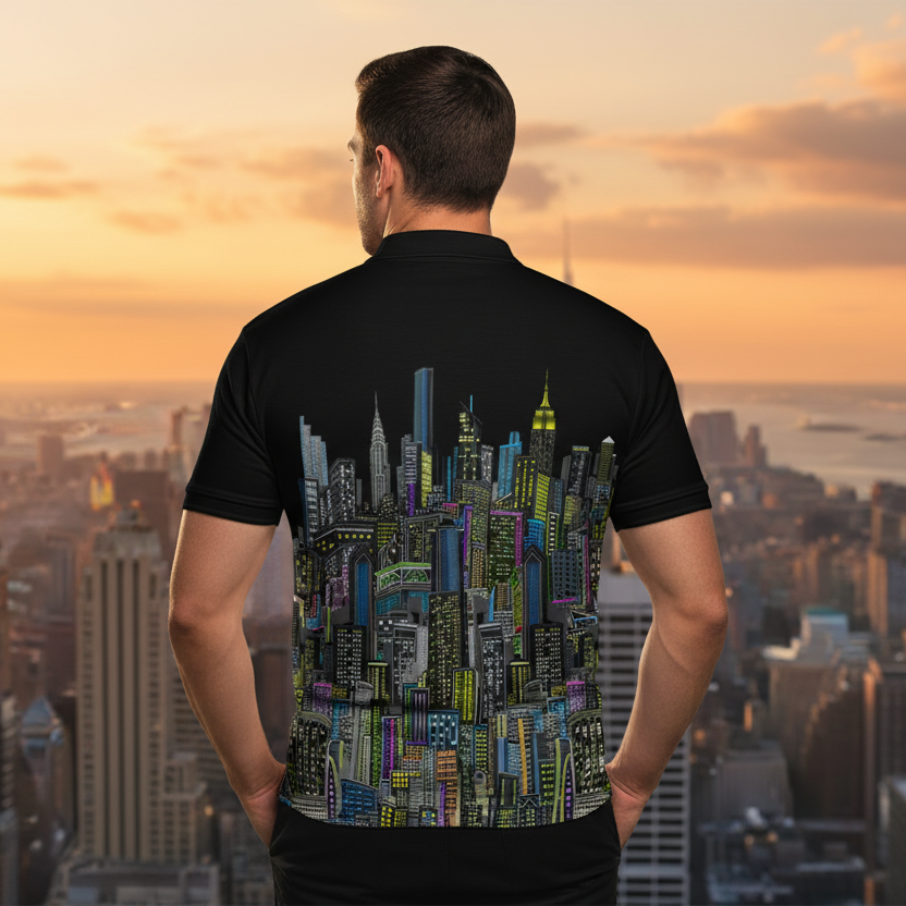 Man wearing a black t-shirt with a colorful cityscape Loria NYC Art design, standing against a city skyline at sunset.