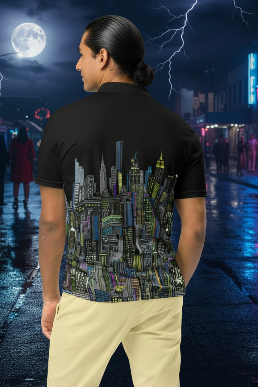 Man wearing a black polo shirt with a colorful Loria NYC Art cityscape design on the back, standing night urban background.