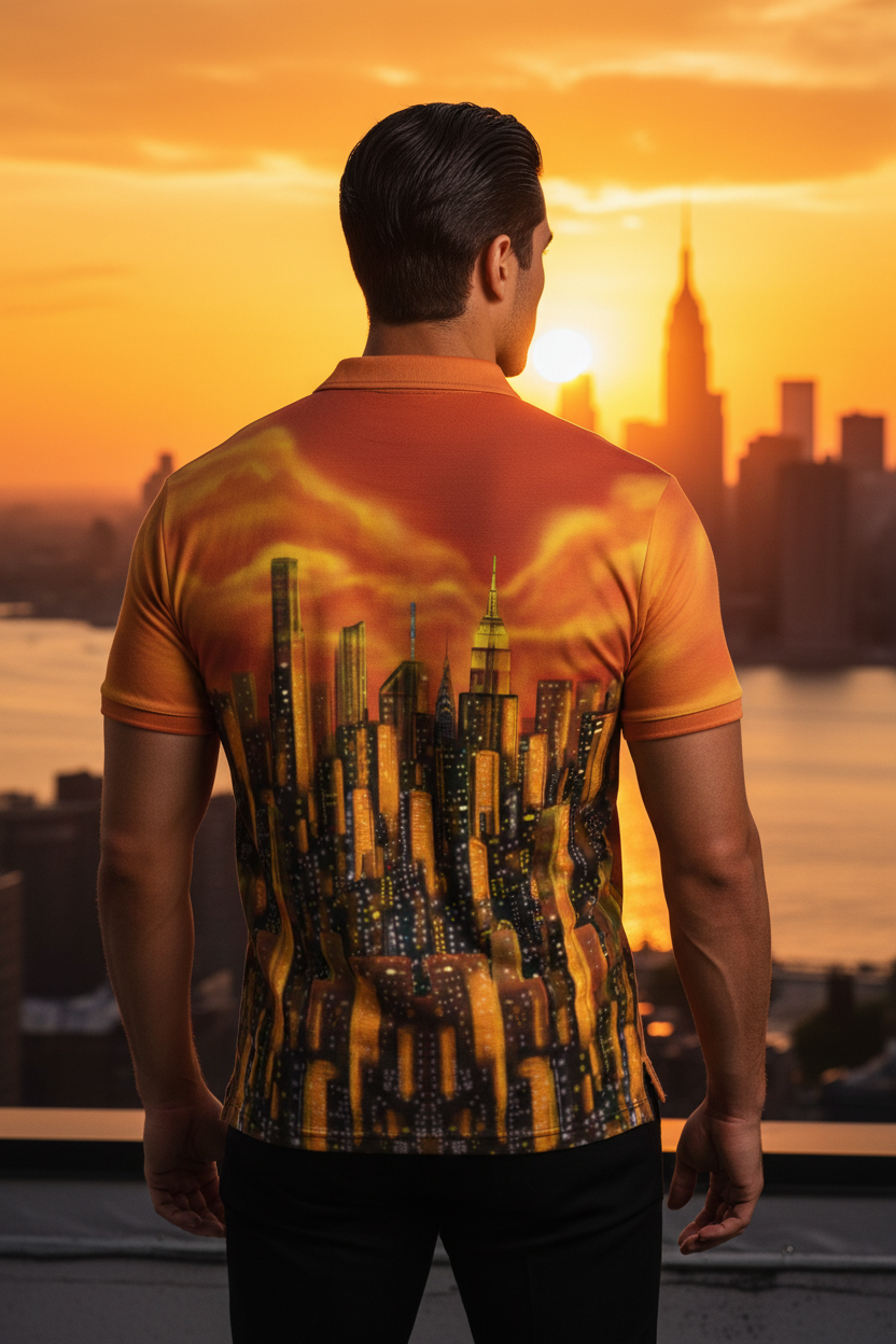 Man wearing a Loria NYC Art shirt looking at the city skyline sunset