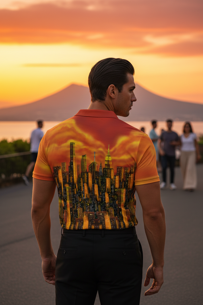 Man wearing orange Loria NYC Art city skyline shirt looking at the sunset