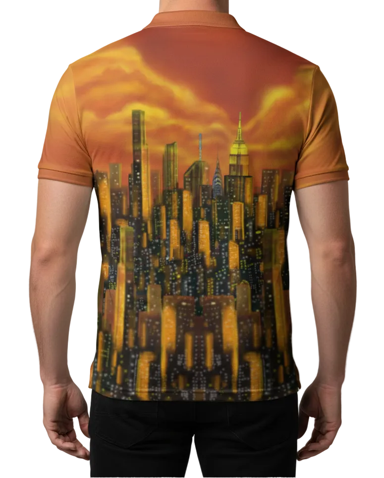 Man standing wearing an orange sunset Loria NYC Art polo shirt with grey background 