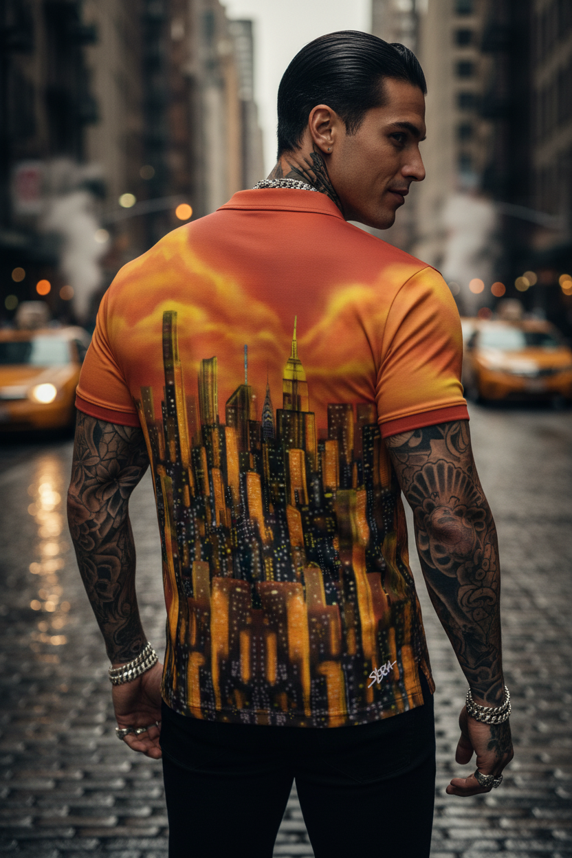 Man wearing a polo shirt with a Loria NYC Art cityscape design on a city street