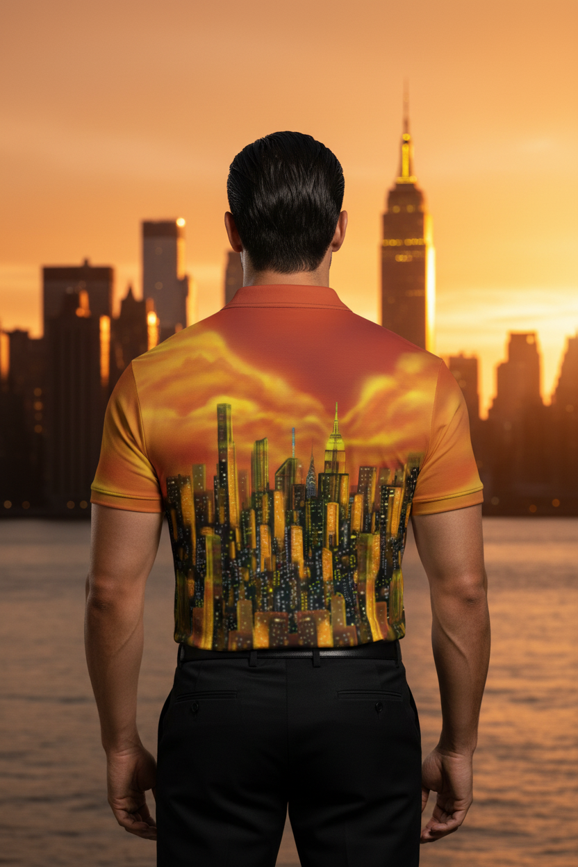 Man standing in front of a sunset wearing orange Loria NYC Art city skyline shirt 