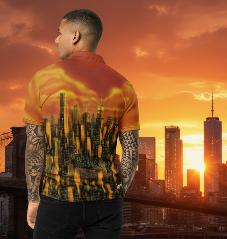 Person wearing a colorful Loria NYC Art shirt with cityscape design against a sunset city skyline.
