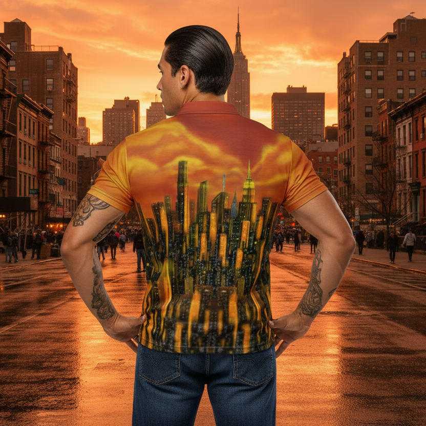 Person wearing a Loria NYC Art shirt with a cityscape design on the back, standing against urban background
