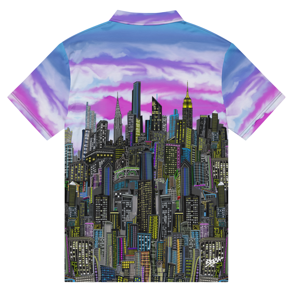Shirt with a cityscape Loria NYC Art design on the back against a colorful sky