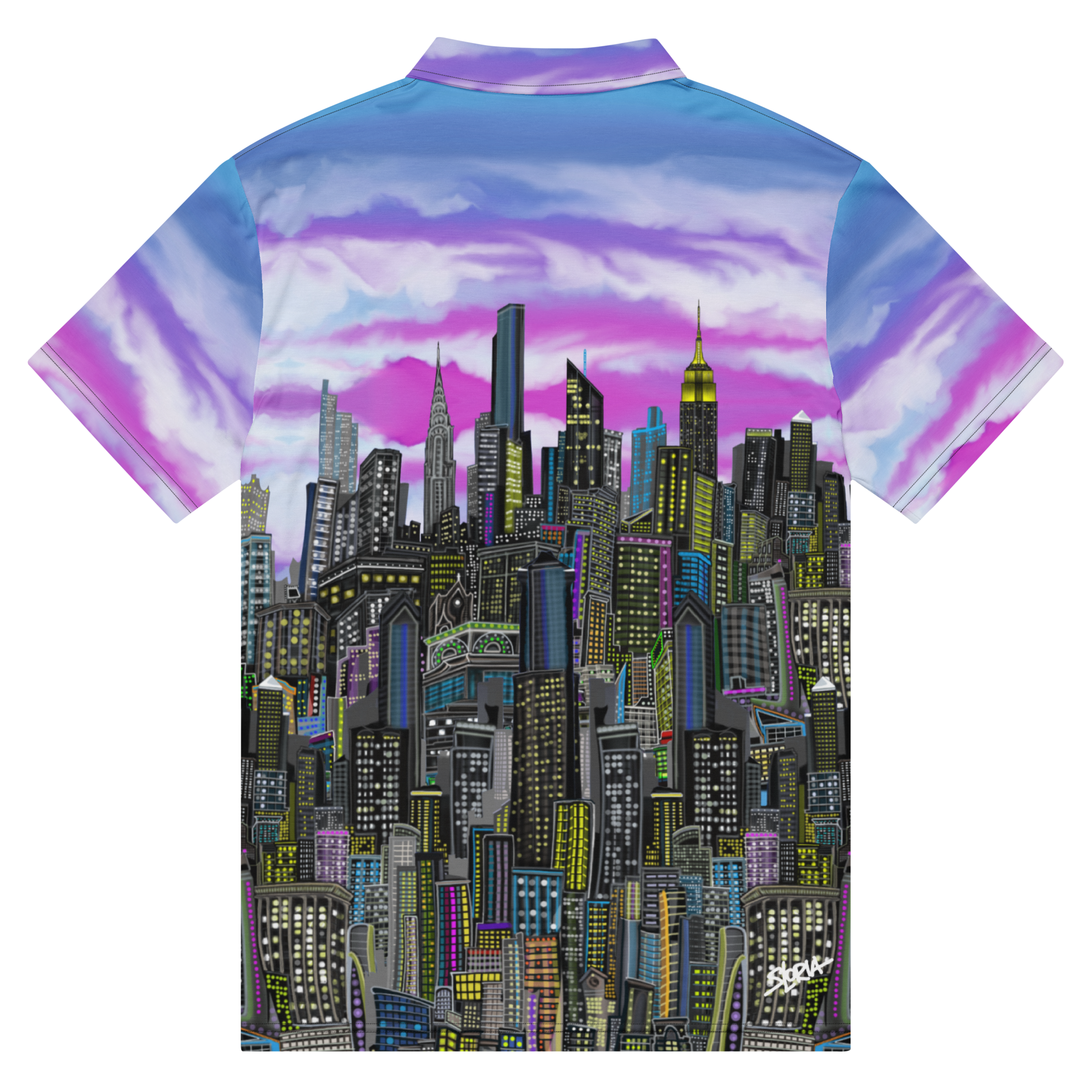 Shirt with a cityscape Loria NYC Art design on the back against a colorful sky