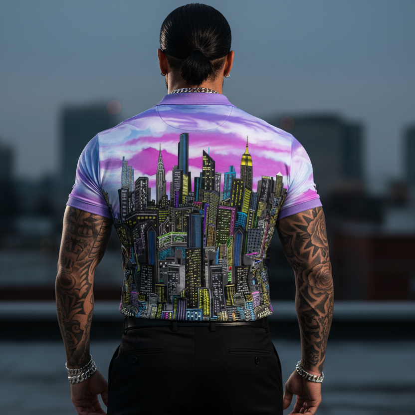 Person wearing a shirt with a cityscape Loria NYC Art design, standing on a rooftop with a blurred city skyline in the background.