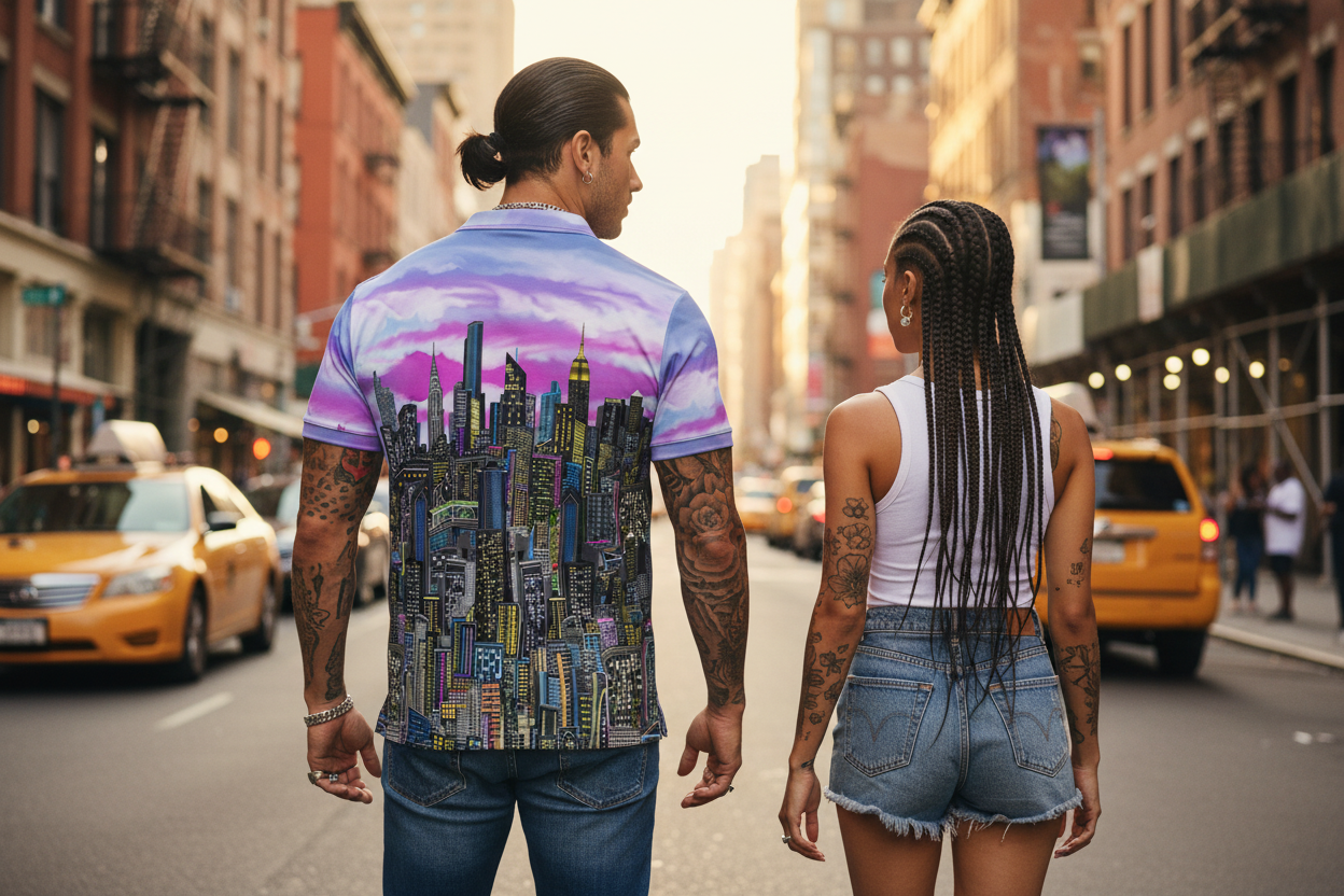 Man wearing colorful Loria NYC Art polo walking down a city street with taxis and buildings in the background