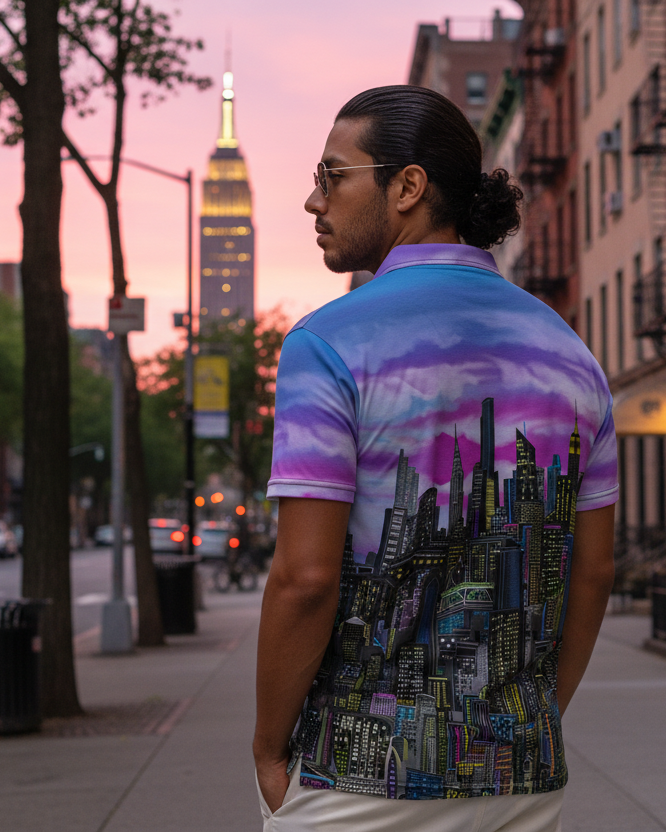 Man wearing a polo shirt with a Loria NYC Art cityscape design on a urban background