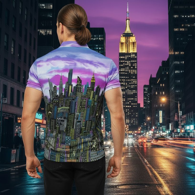 Person wearing a shirt with a Loria NYC Art cityscape design on a night urban background