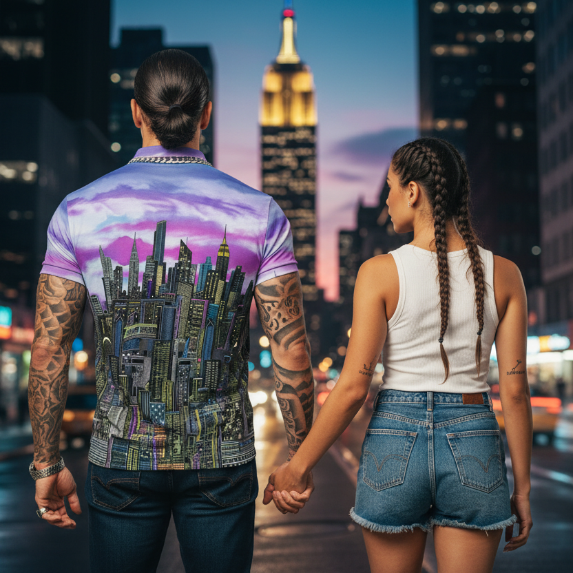Man wearing Loria NYC Art polo holding hands on a city street at night.