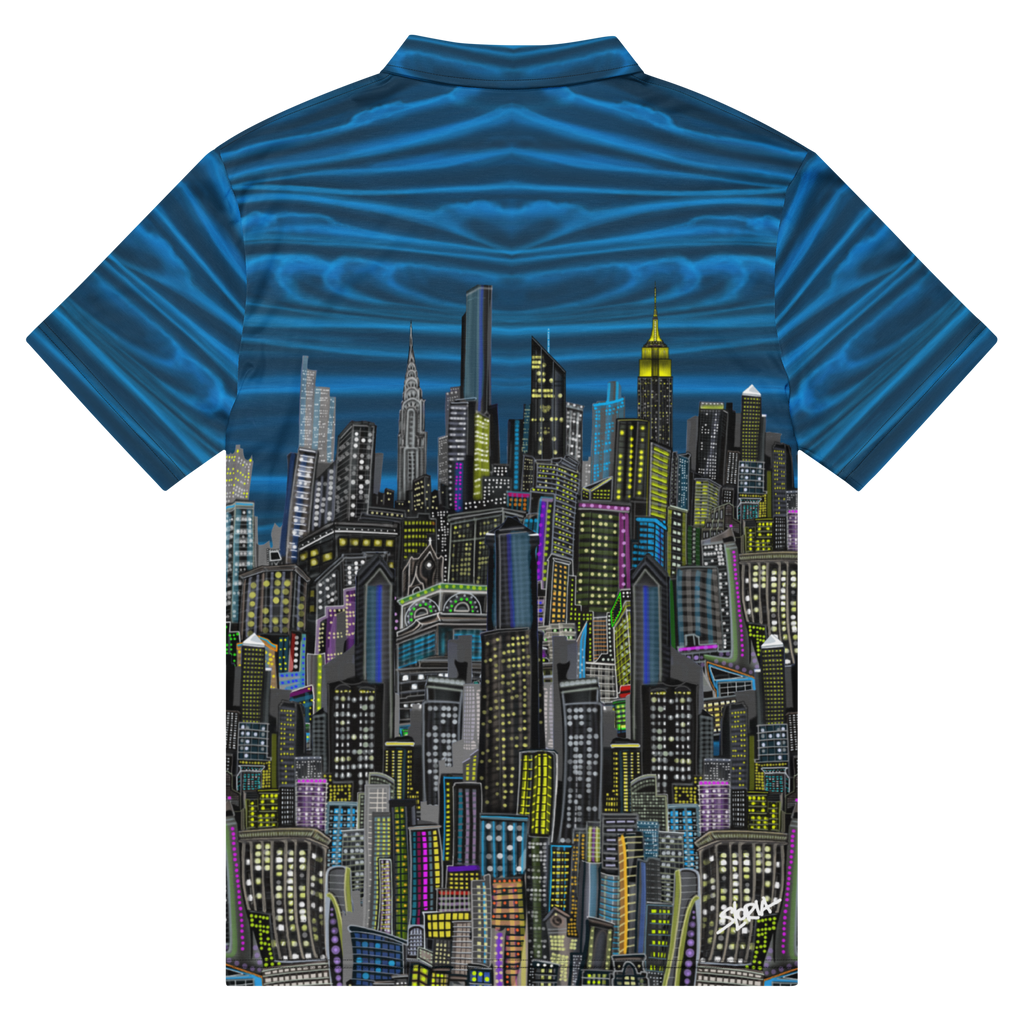 Blue polo shirt with a cityscape Loria NYC Art design on the back