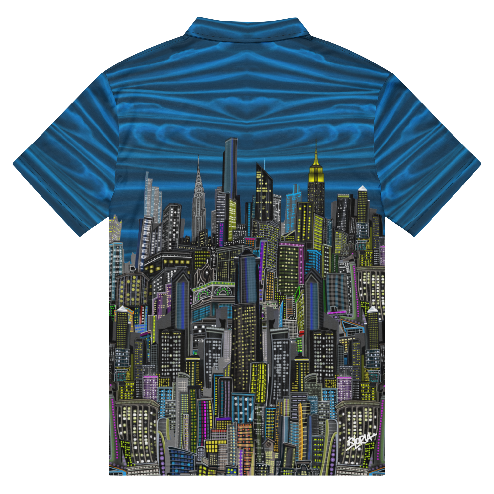 Blue polo shirt with a cityscape Loria NYC Art design on the back